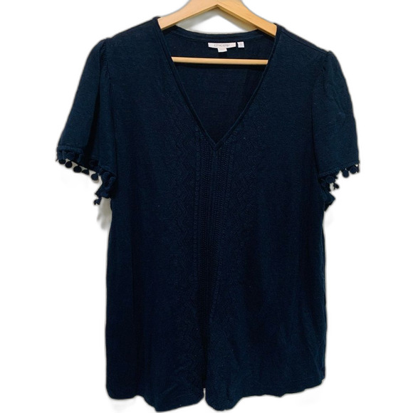 Chico's Tops - Chicos Navy Blue Knit Linen Pom Pom trim V Neck Tee Shirt size large